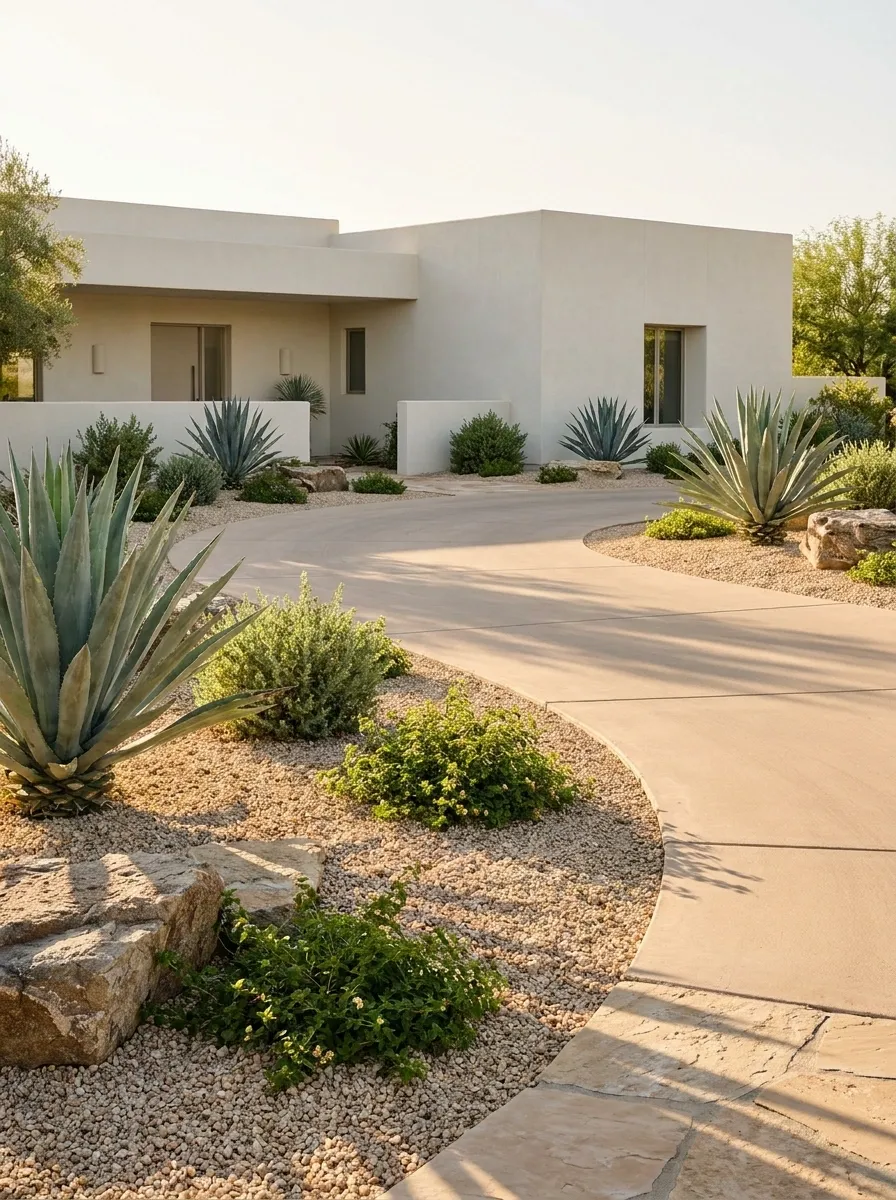 Desert Driveway With Gravel, Agaves, and Stone