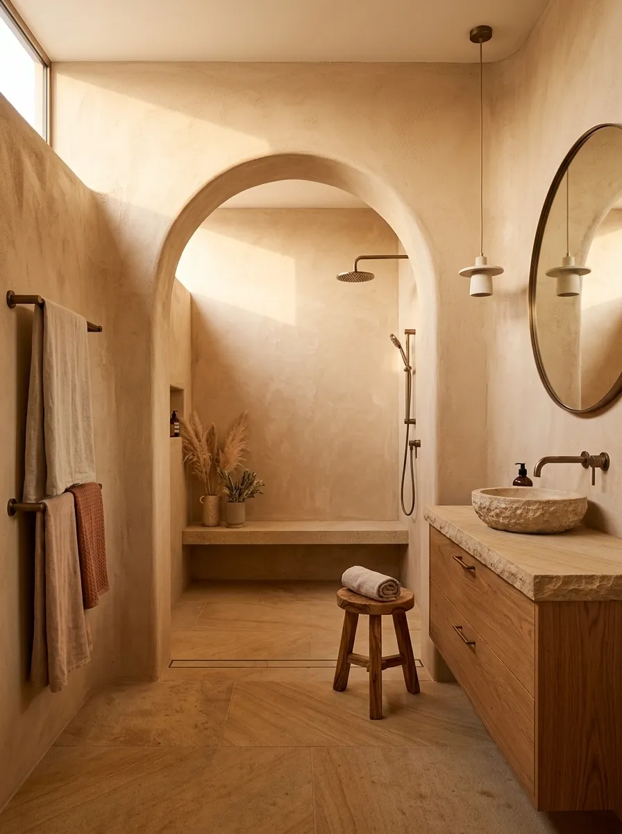 Desert-Inspired Bathroom With Sandstone and Arched Shower