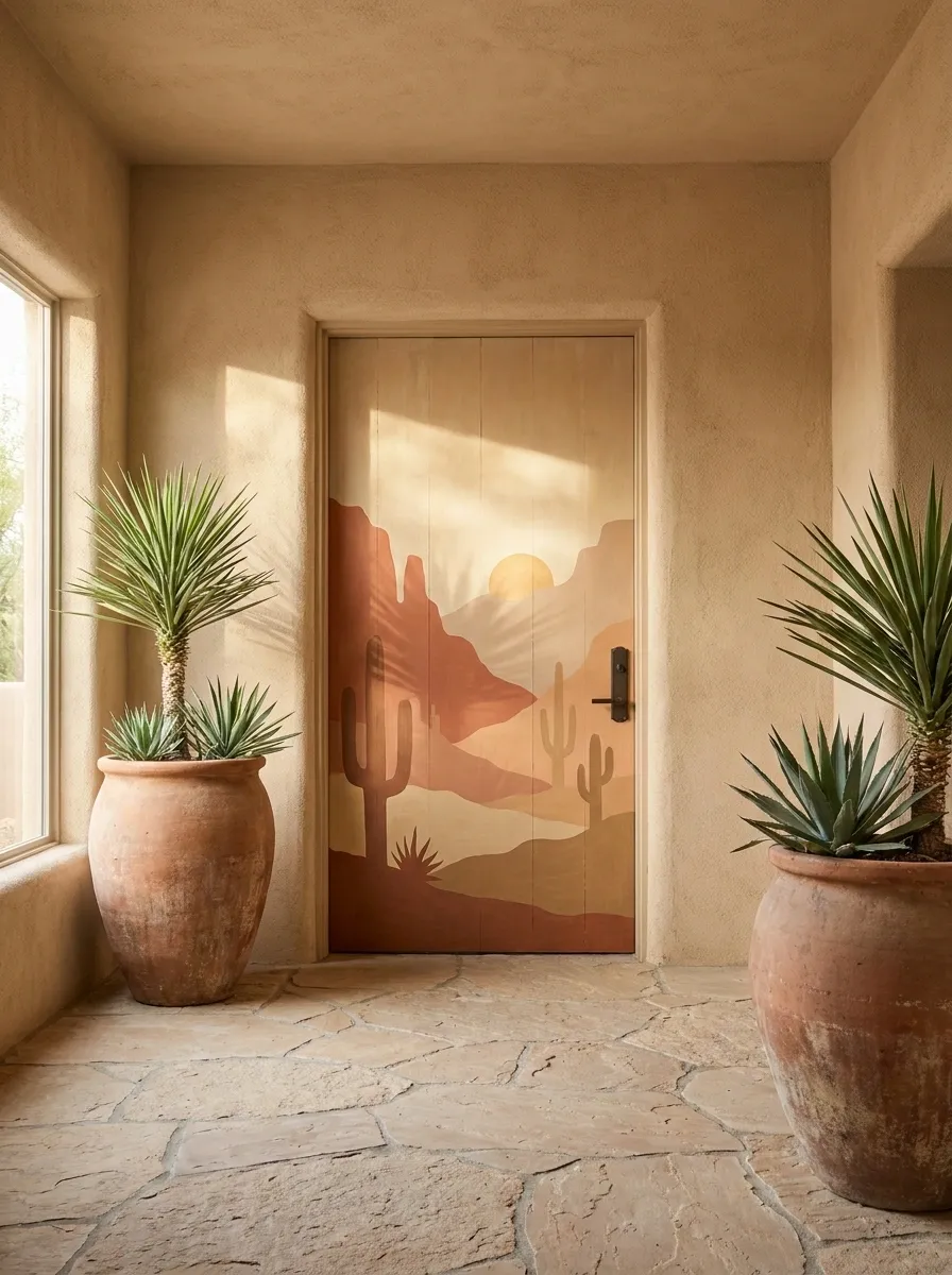 Desert Landscape Mural on a Warm Clay Door