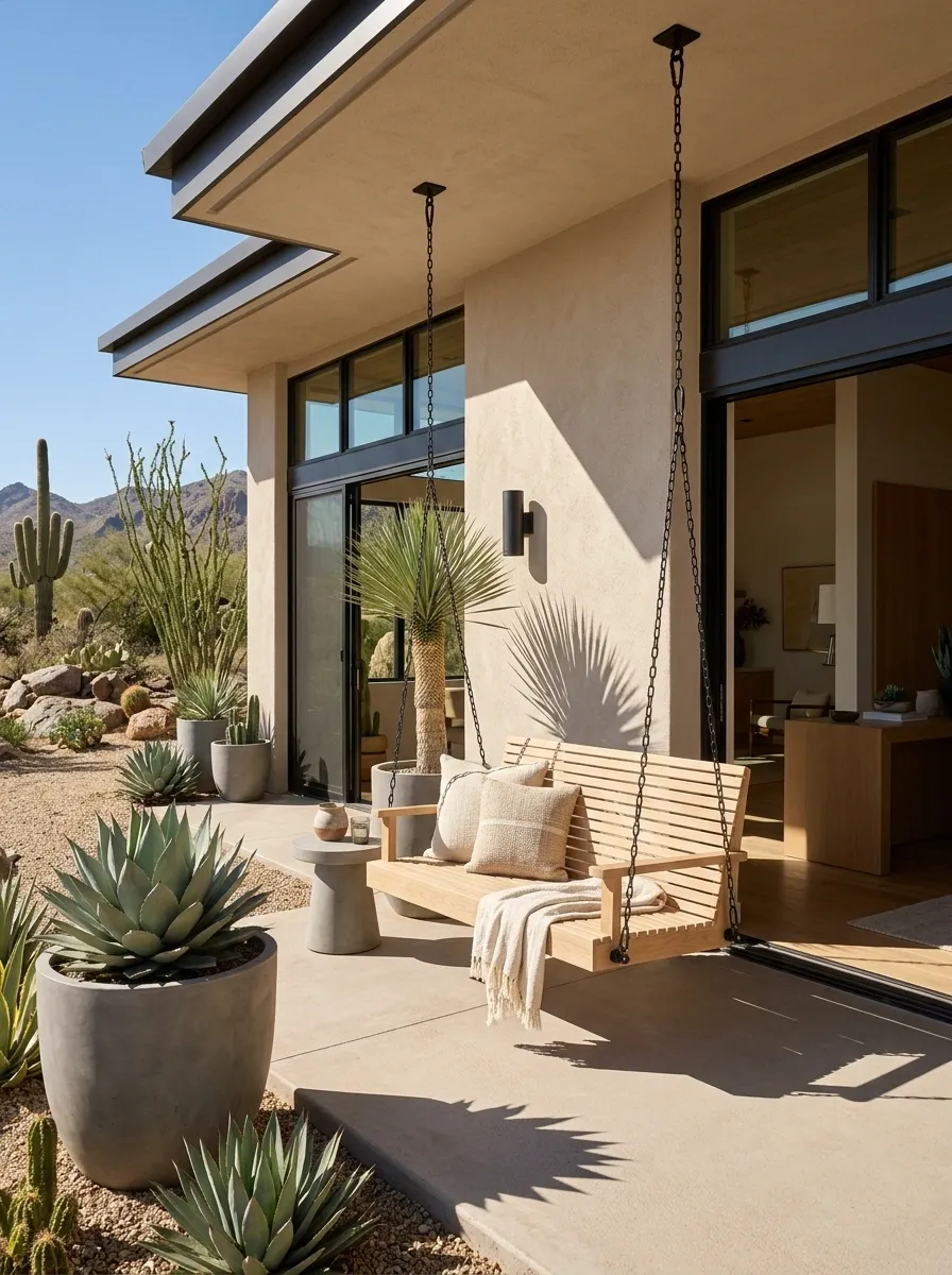Desert Modern Porch With Oak Swing and Sculptural Planting