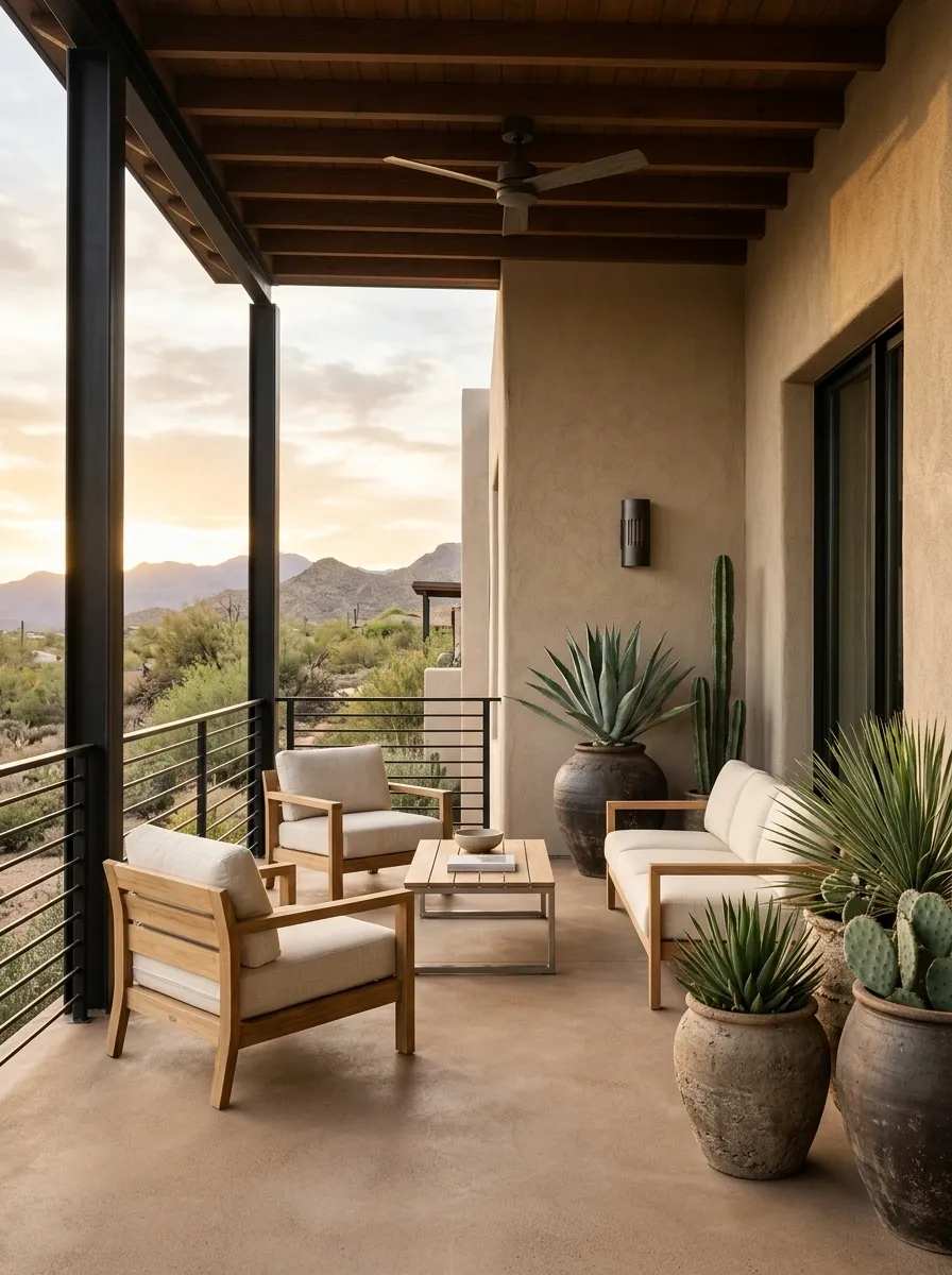 Desert Modern Porch With Sand-Toned Walls and Dark Metal Railings