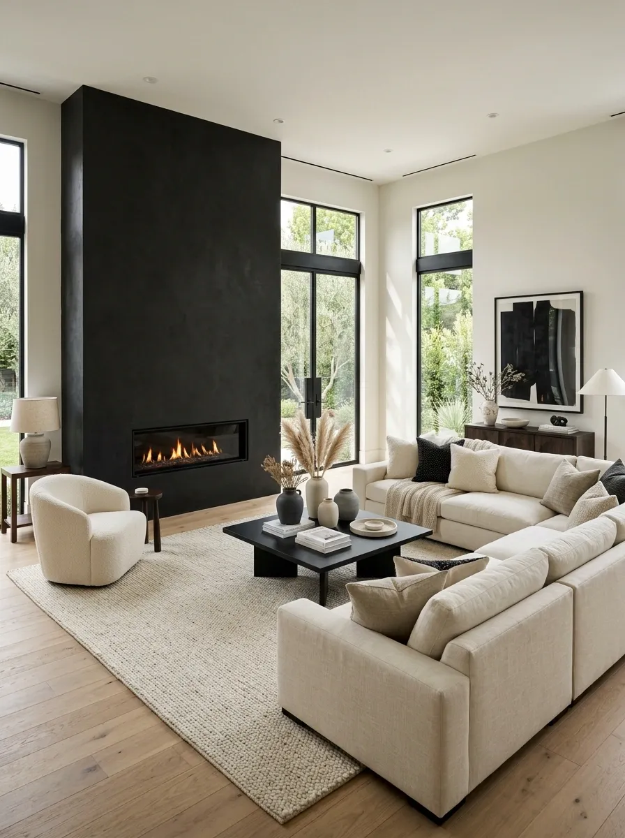 Dramatic Black-and-Cream Corner Sofa Arrangement With a Central Fireplace