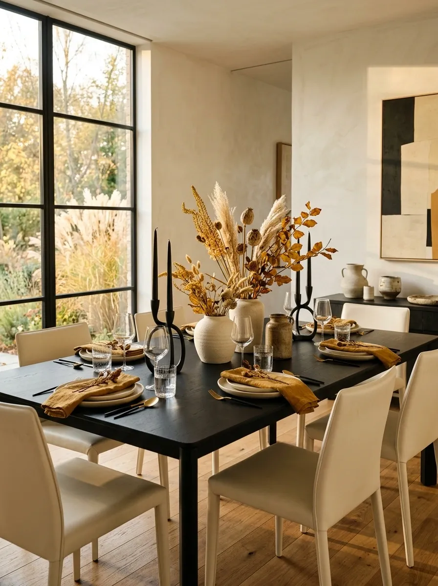 Dramatic Black, Cream, and Ochre Autumn Tablescape