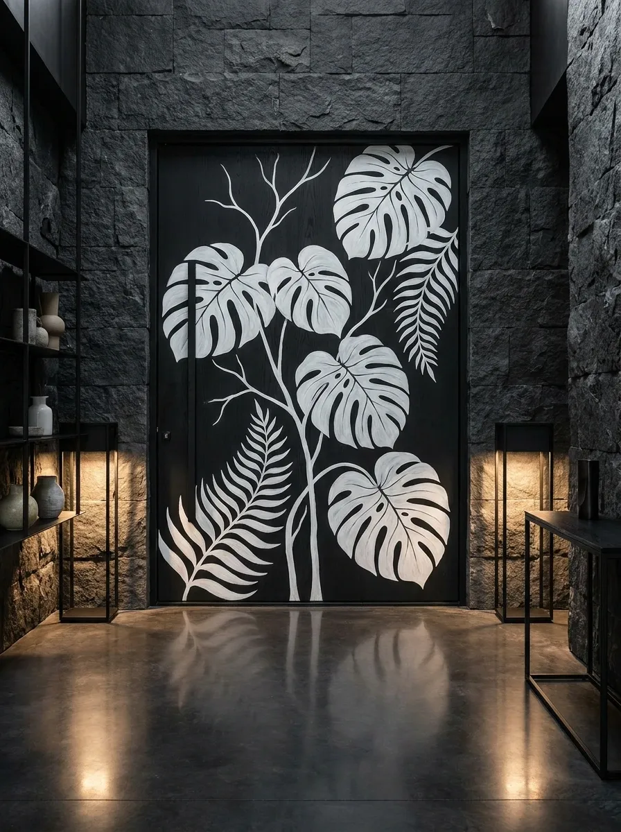 Dramatic Black Door With Oversized White Botanical Painting