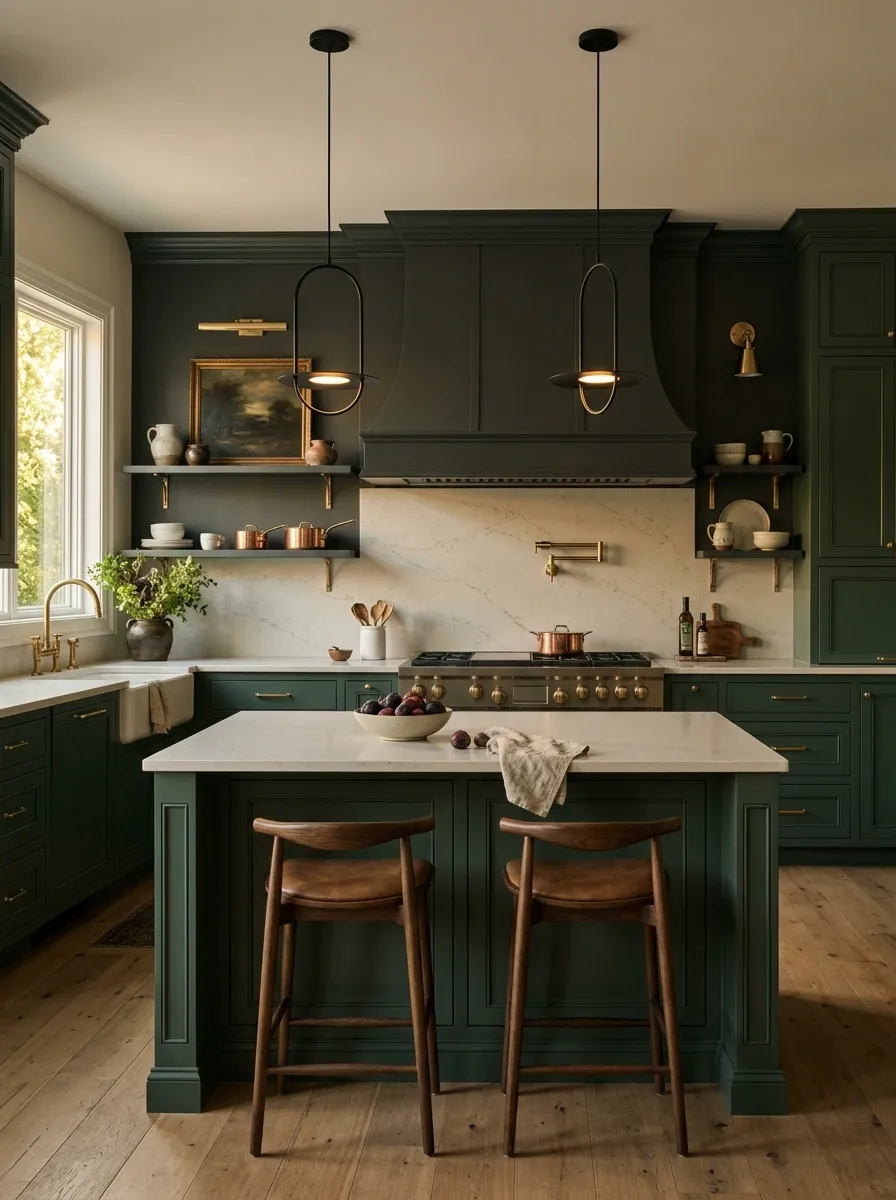 Dramatic Black-Green Kitchen With a Statement Range Wall