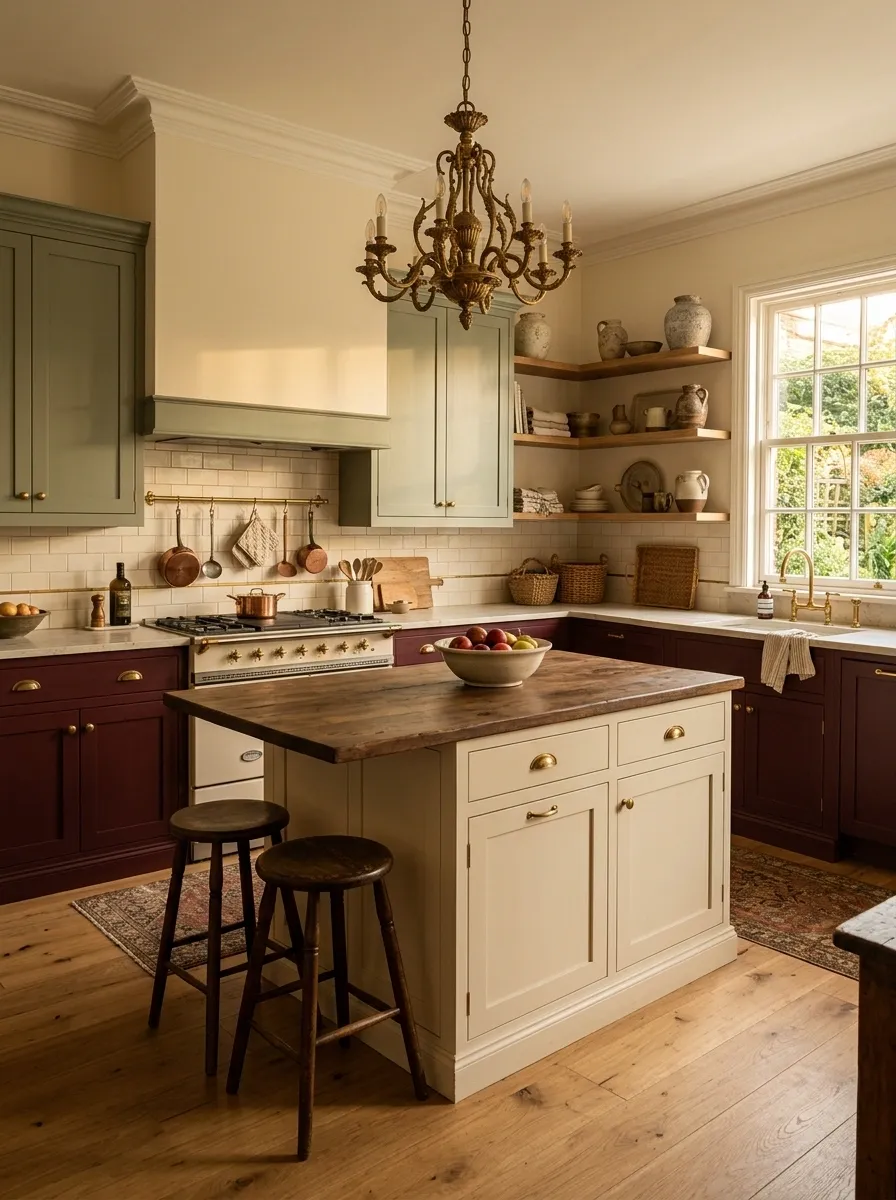 Dramatic Burgundy and Sage Kitchen With Antique Chandelier