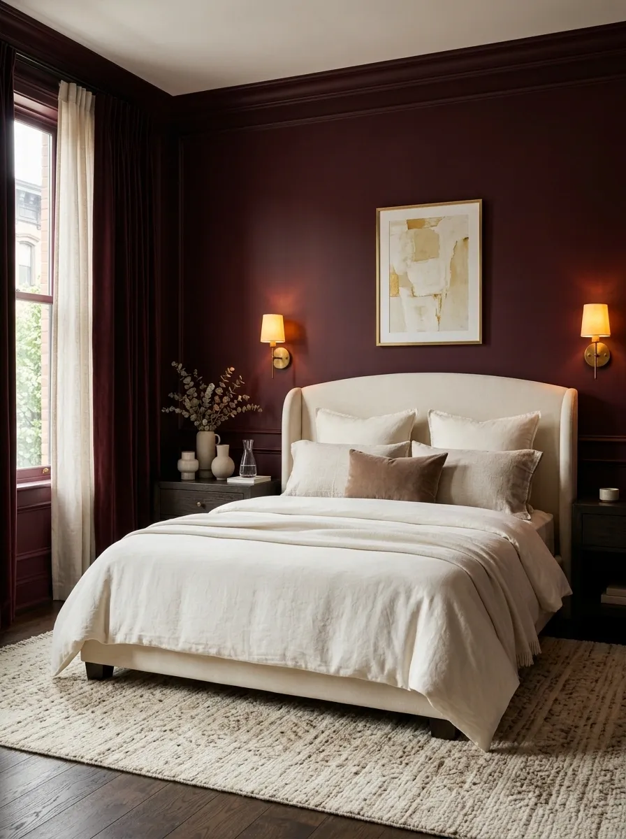 Dramatic Burgundy Bedroom With Cream Bedding and Brass
