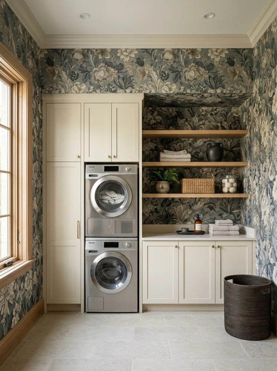 Dramatic Ceiling-Height Wallpaper With Built-In Appliance Wall