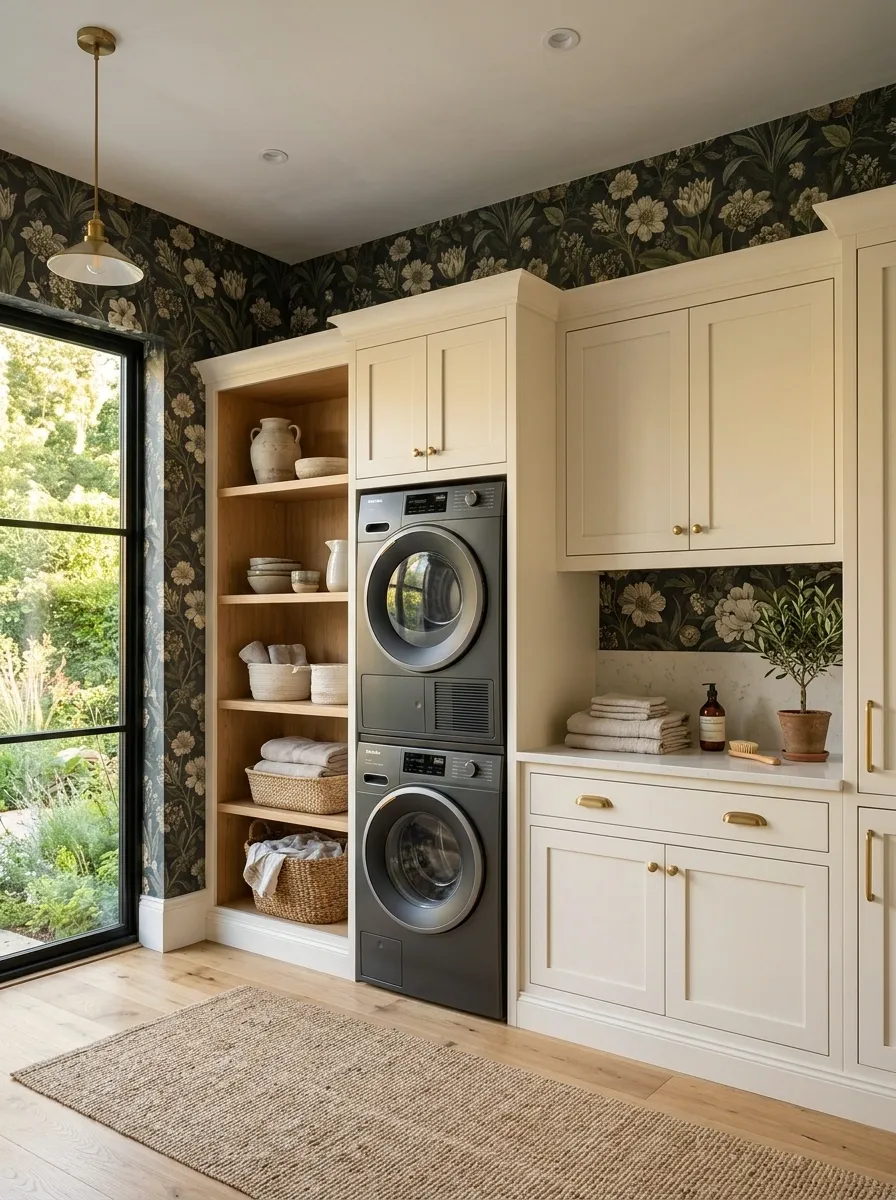 Dramatic Ceiling-Height Wallpaper With Built-In Laundry Storage
