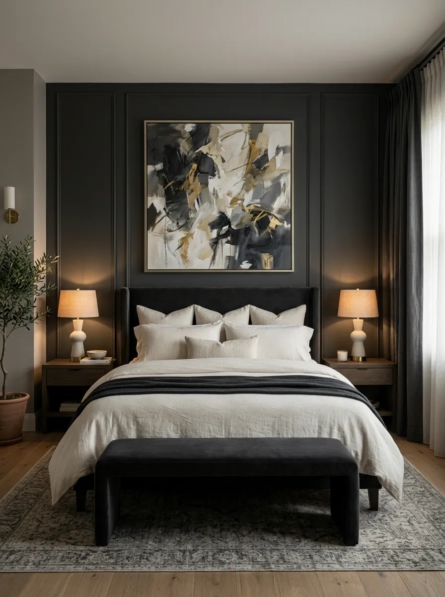 Dramatic Charcoal Bedroom With a Single Gold-Framed Artwork