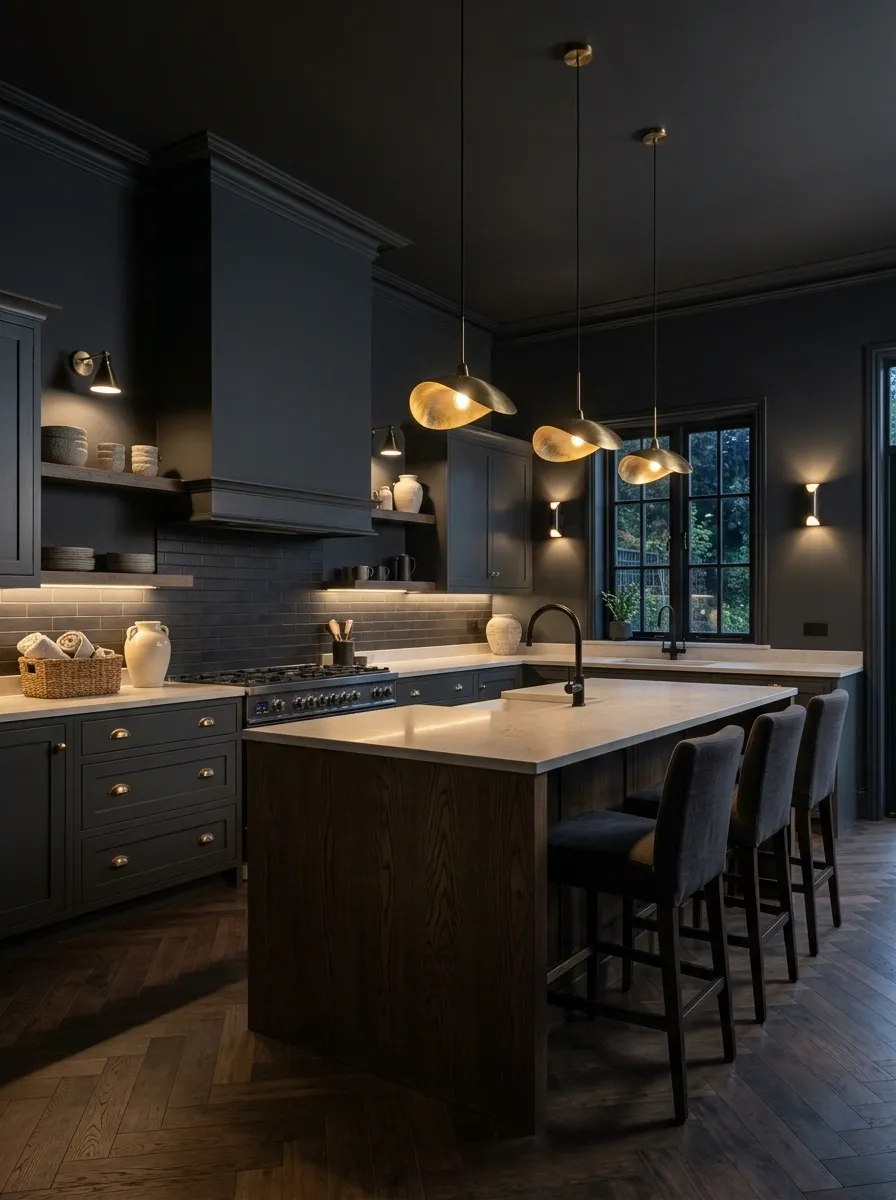 Dramatic Charcoal Kitchen With Warm Lighting