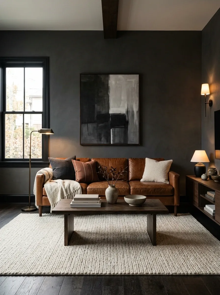 Dramatic Charcoal Living Room With Cognac Leather