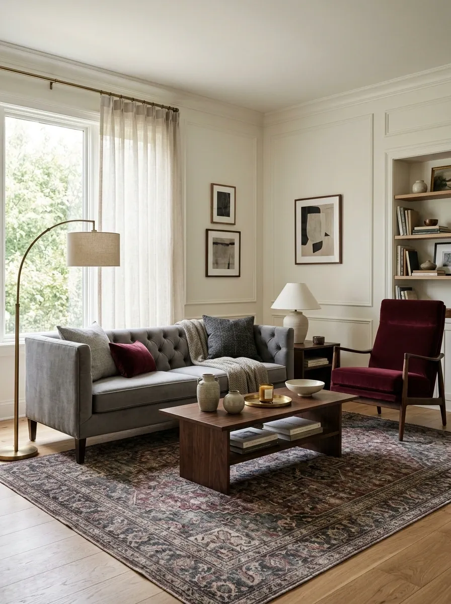 Dramatic Grey Sofa Living Room With Deep Burgundy Accents