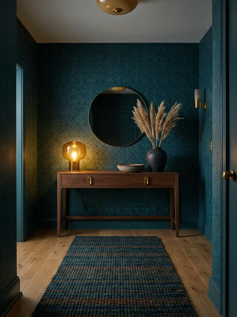 Dramatic Jewel-Tone Entryway With Layered Lighting