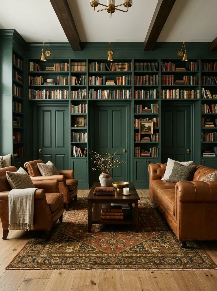 Dramatic Library Room With Dark Walls and Brass Lighting