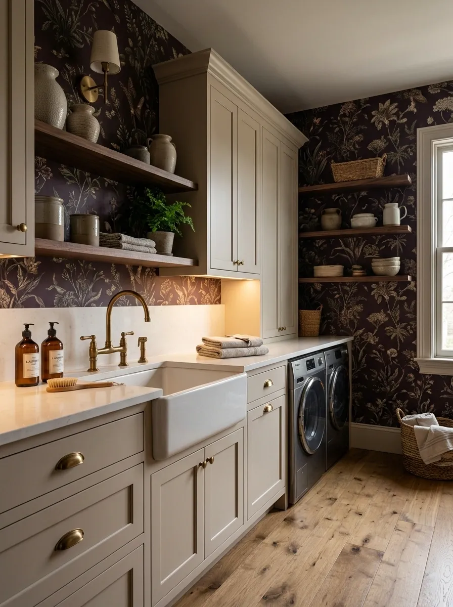 Dramatic Plum Botanical With Warm White Countertops