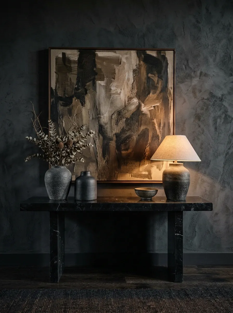Dramatic Stone Console With Sculptural Decor and Shadowy Lighting