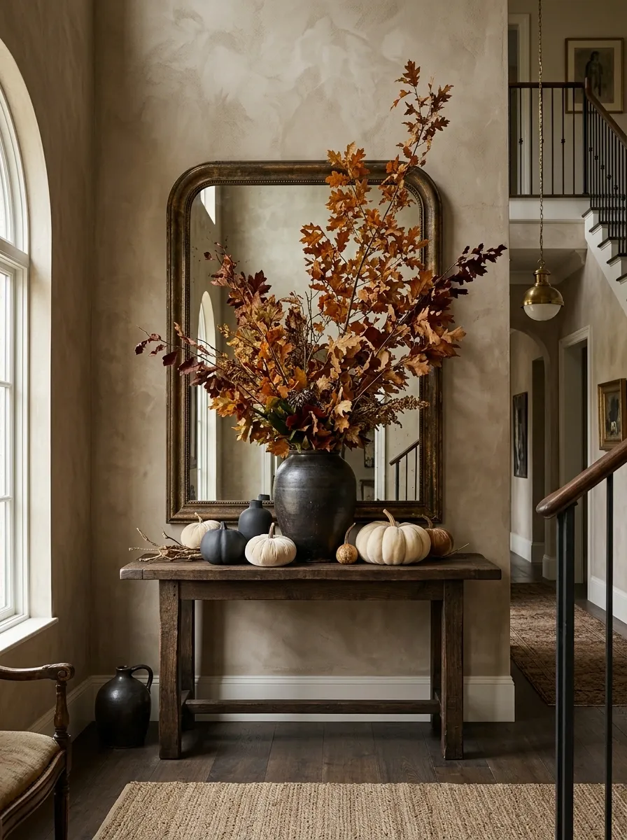 Dramatic Stone Entry With Oversized Branches and Sculptural Pumpkins