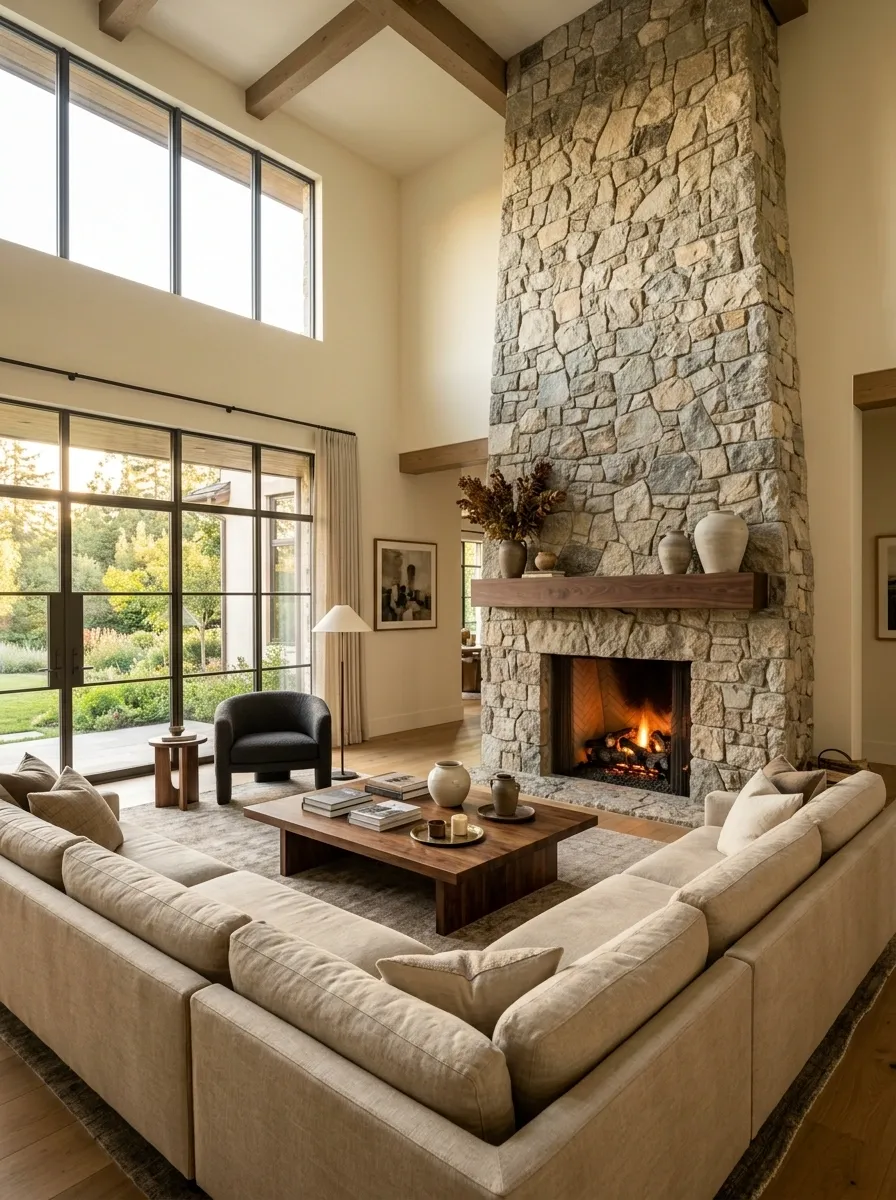 Dramatic Stone Fireplace With Sectional Turned Toward the Focal Wall