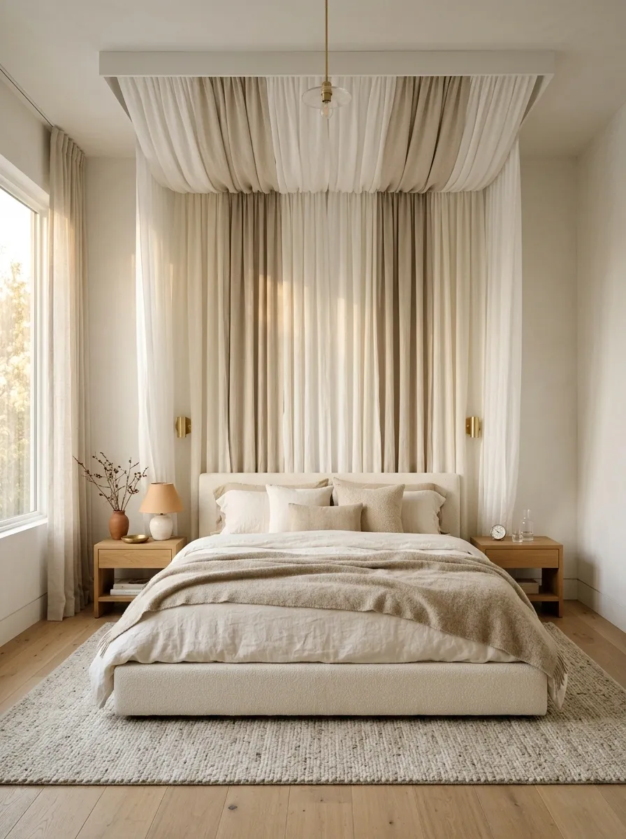 Draped Canopy Bedroom With Layered Neutral Textiles