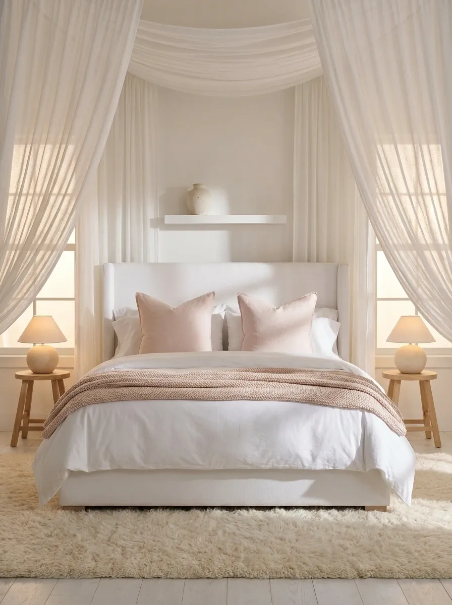Dreamy White Bedroom With Soft Pink Canopy Draping