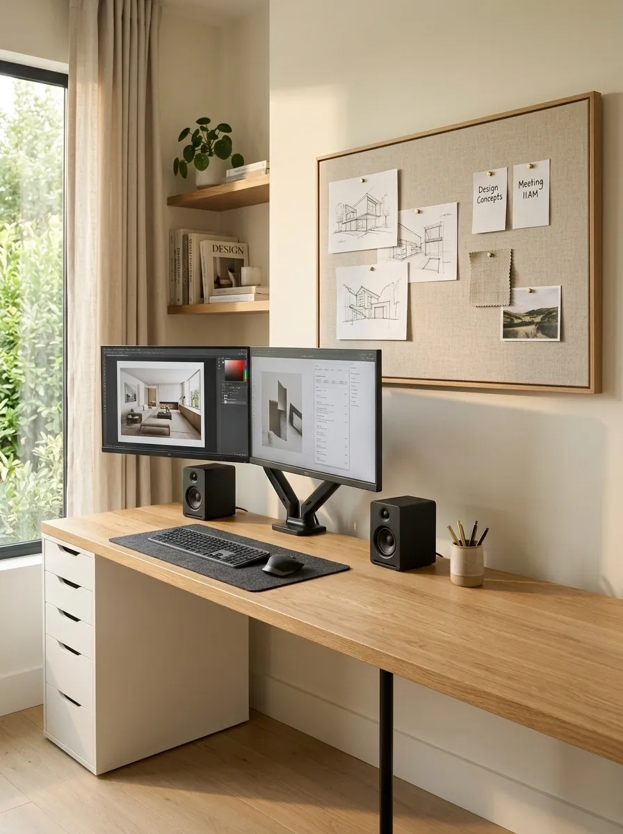 Dual-Monitor Office With a Dedicated Writing Zone