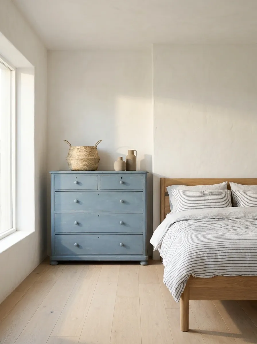 Dusty Blue Dresser With A Relaxed Coastal Bedroom