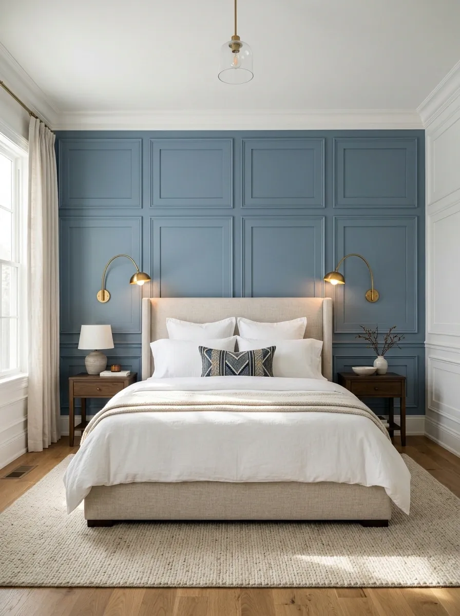Dusty Blue Paneling With Traditional Brass Lighting