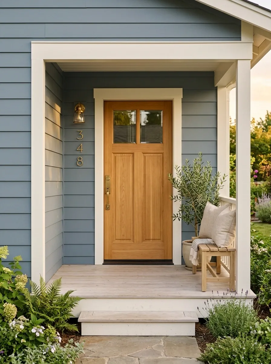 Dusty Blue Porch With Warm White and Brass Details