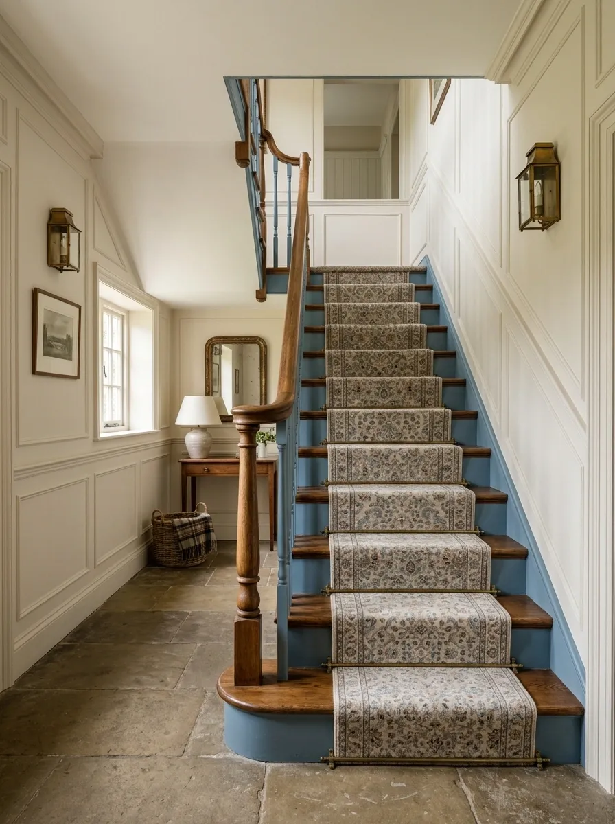 Dusty Blue Staircase in a Classic Cottage Hallway