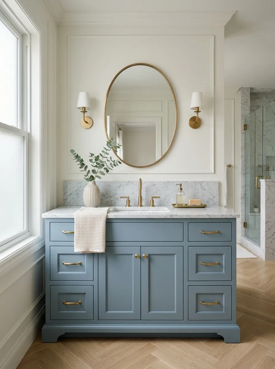 Dusty Blue Vanity With White Marble and Brass
