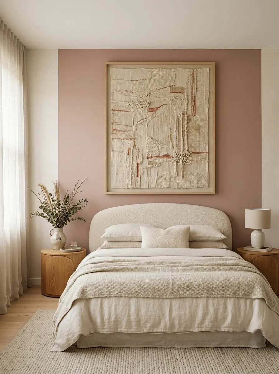Dusty Blush Bedroom With Framed Textile Artwork