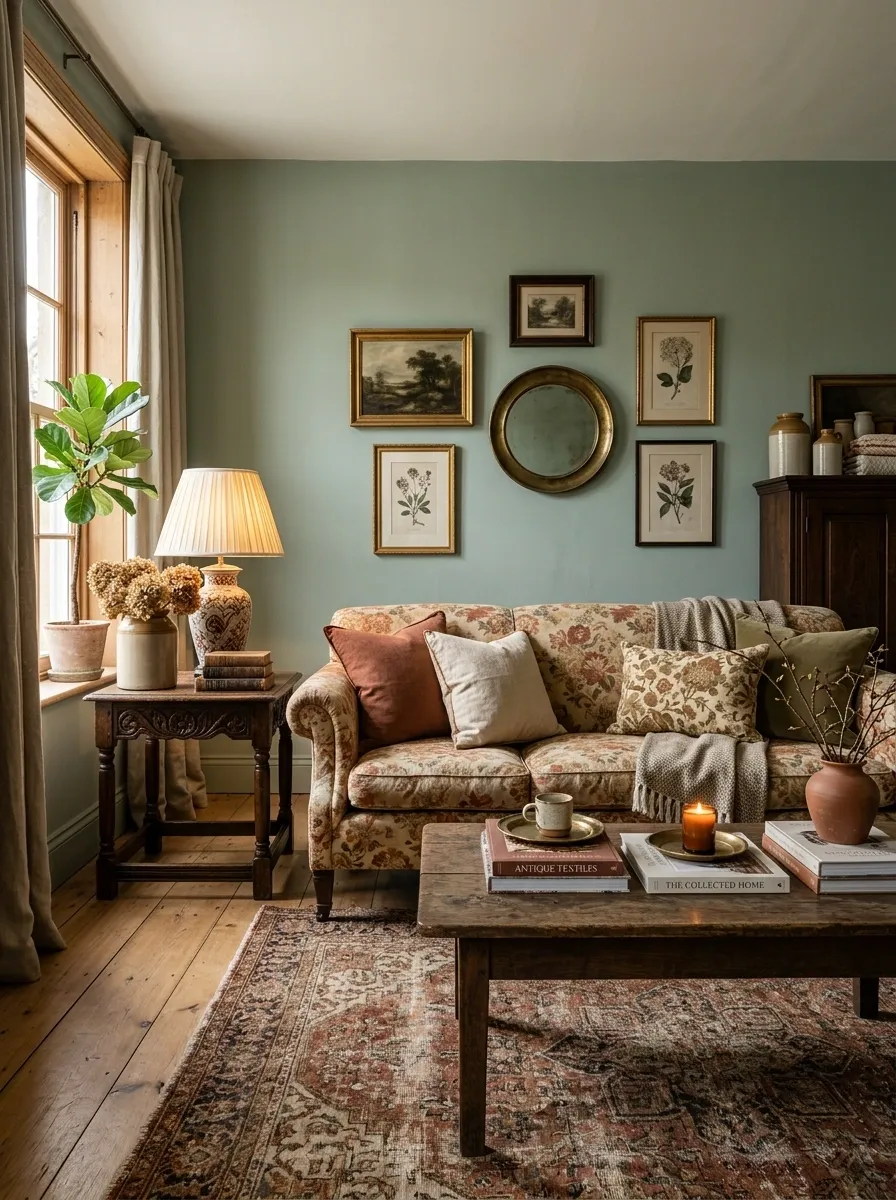 Dusty Green Living Room With Vintage Floral Upholstery