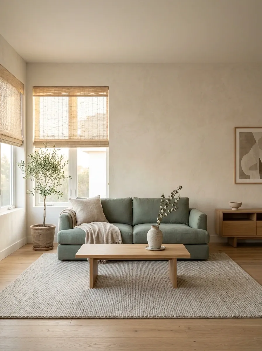 Dusty Green Sofa in a Quiet Japandi Living Room