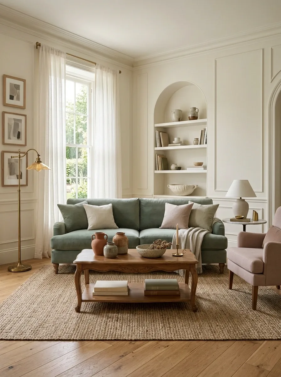Dusty Green Sofa With Blush, Cream, and Warm Wood