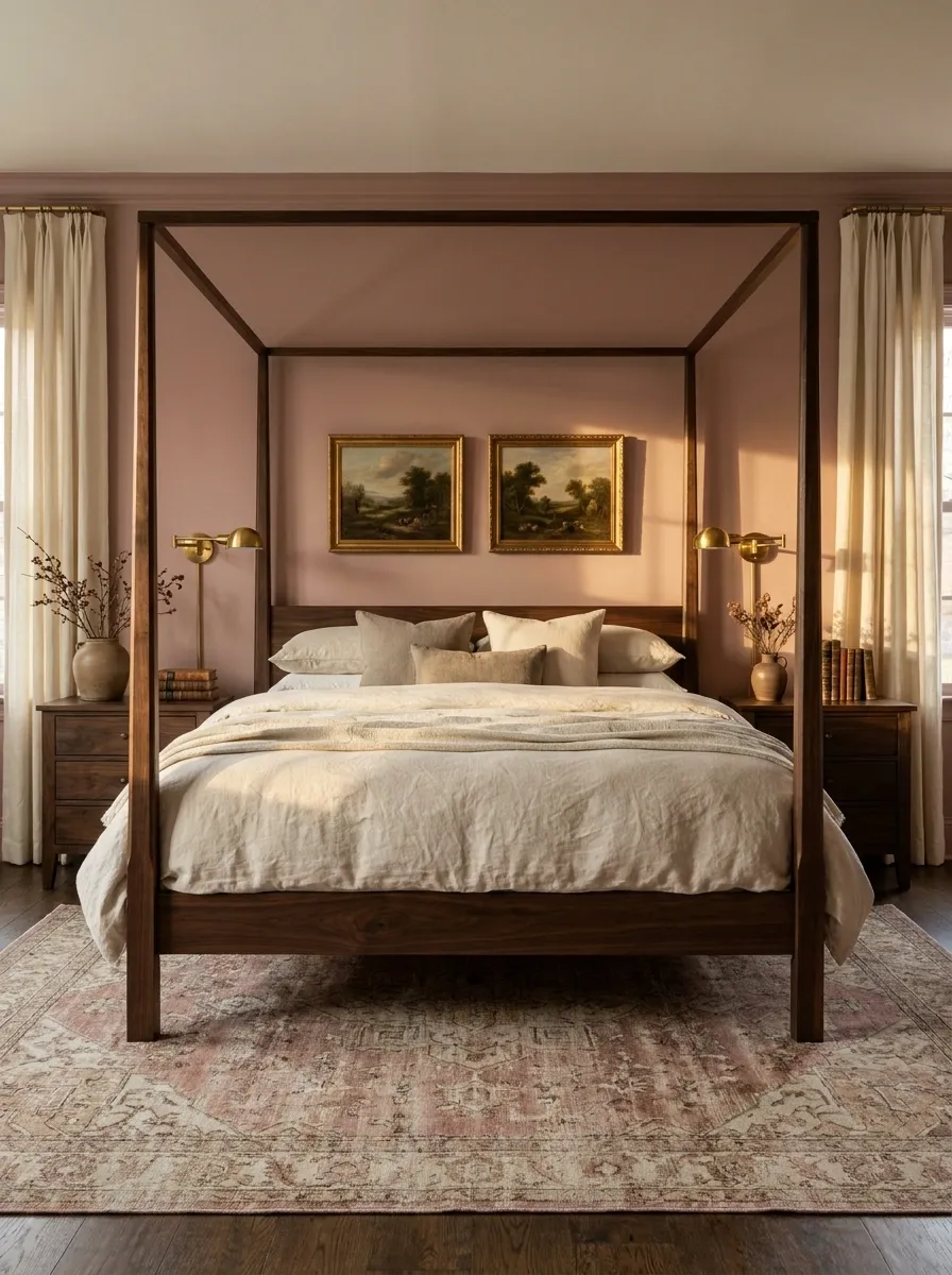 Dusty Rose Bedroom With Dark Wood and Traditional Details