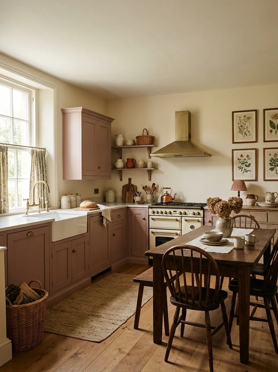 Dusty Rose Cabinets With Cream and Dark Wood