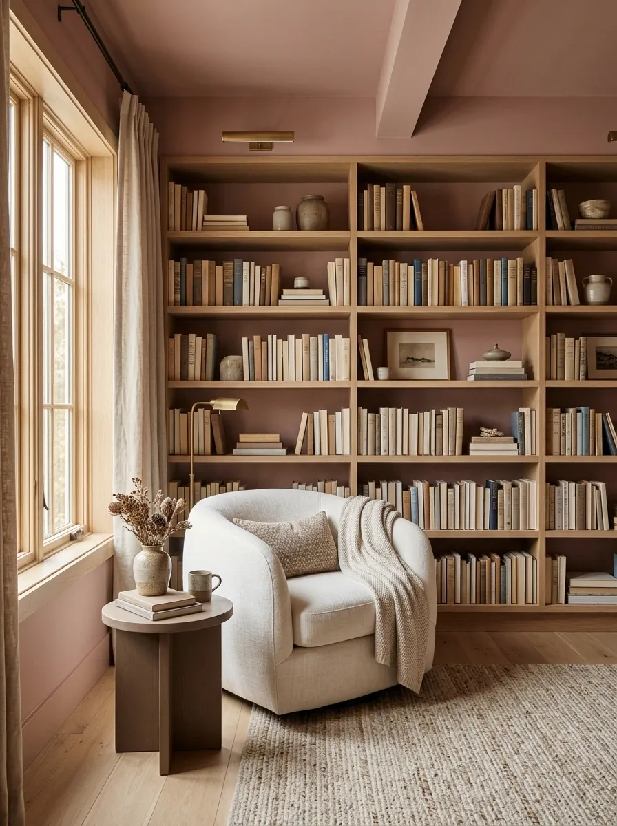 Dusty Rose Library With Pale Wood and Curved Seating