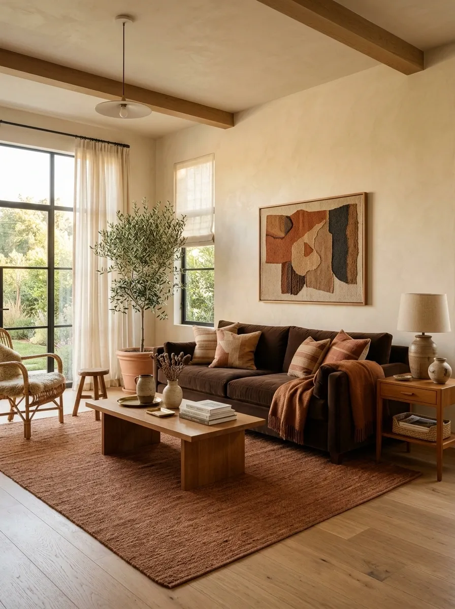 Earth-Tone Living Room With Brown, Rust, and Cream