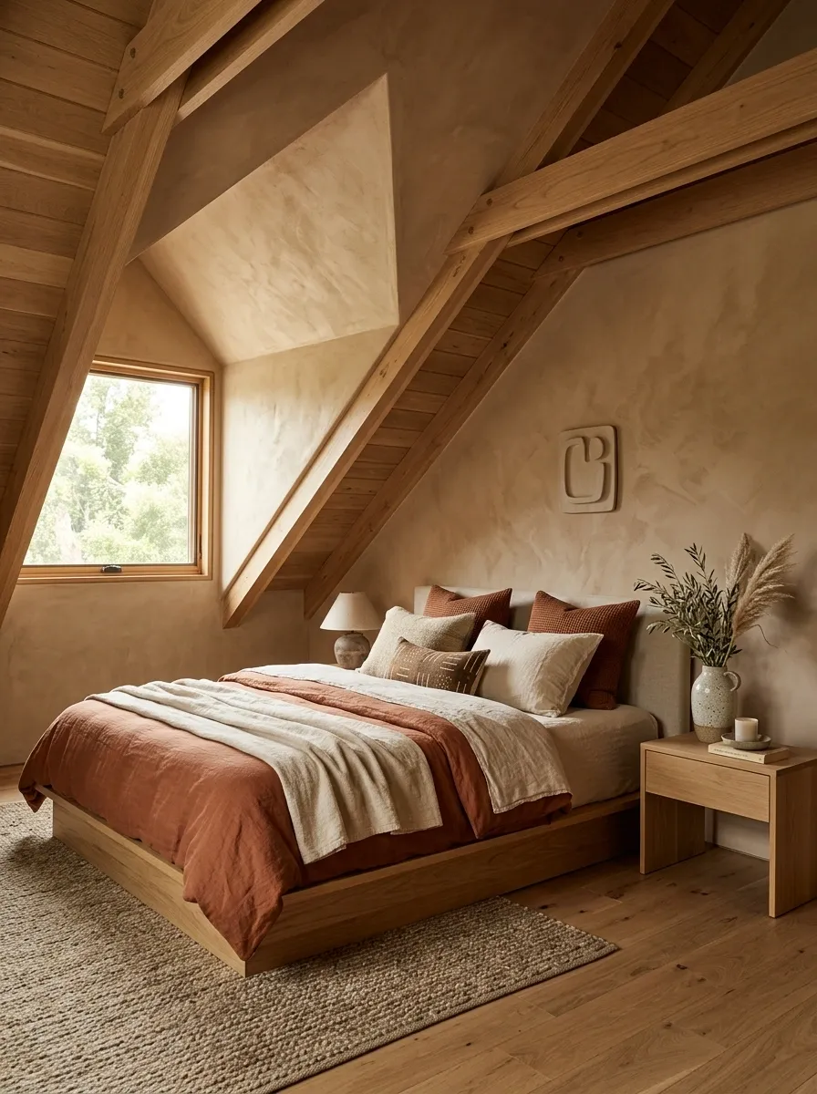Earth-Toned Bedroom With Terracotta Bedding and Clay Walls