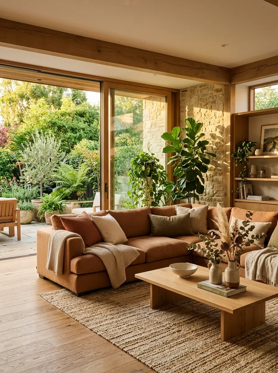 Earth-Toned Corner Sofa With a Layered Indoor-Outdoor Connection