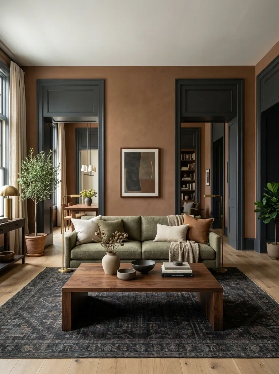 Earth-Toned Living Room With Heavy Architectural Contrast