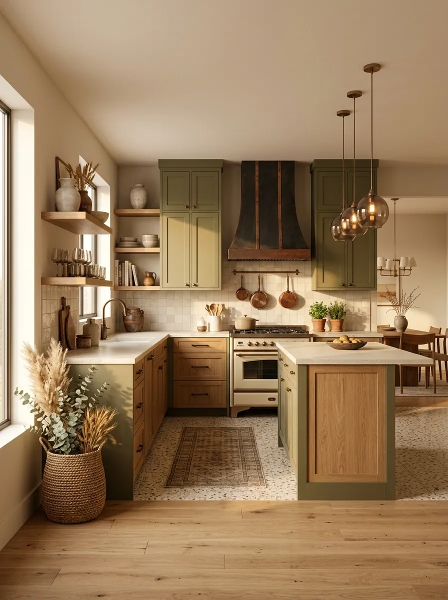 Earthy 1970s Kitchen With Olive and Natural Wood