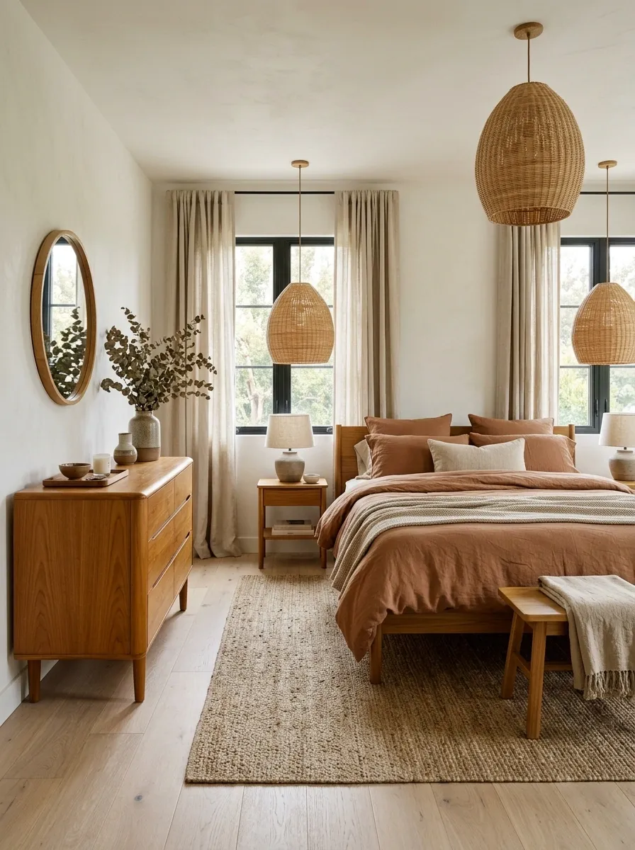 Earthy Bedroom With White Oak, Teak, and Clay Textiles
