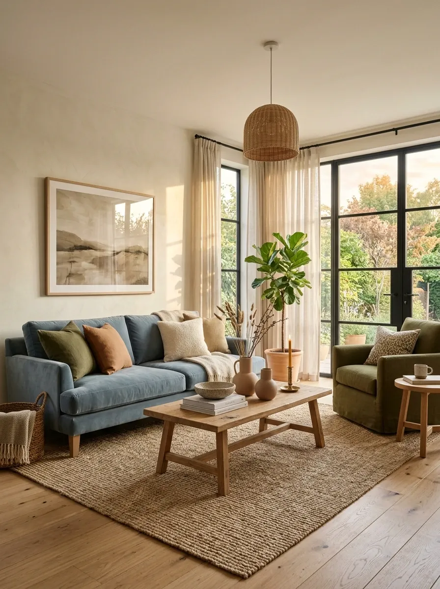 Earthy Blue Living Room With Olive and Clay