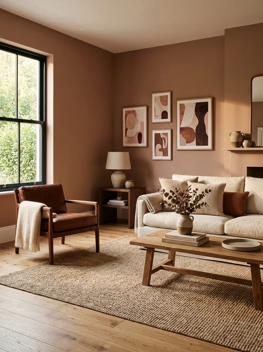 Earthy Clay-Pink Living Room With Cream and Chestnut