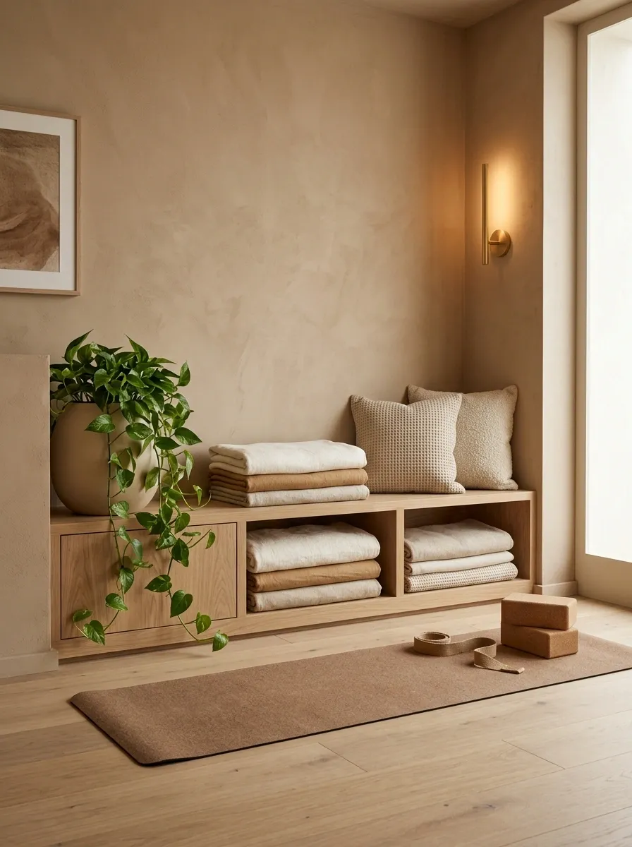 Earthy Corner With a Built-In Bench