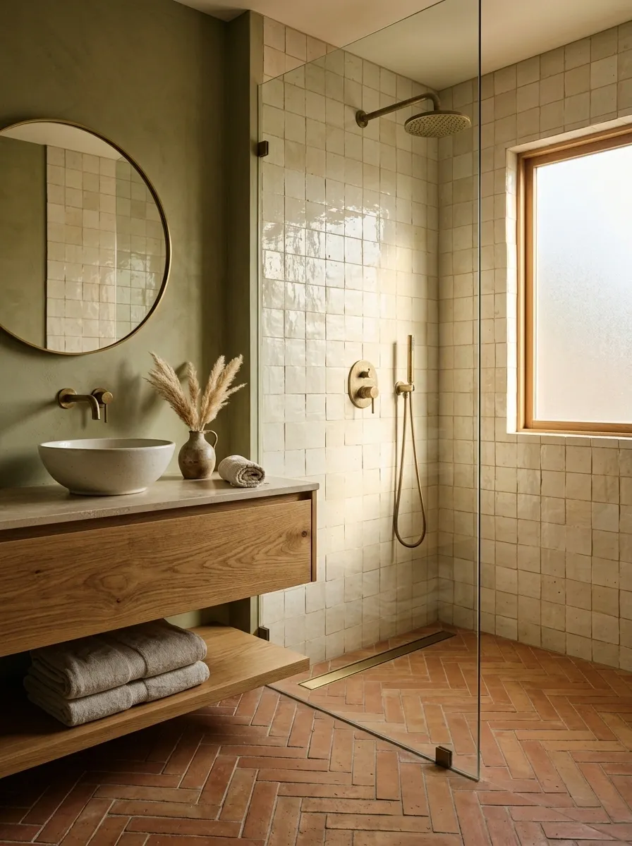 Earthy Green Bathroom With Terracotta and Handmade Tile