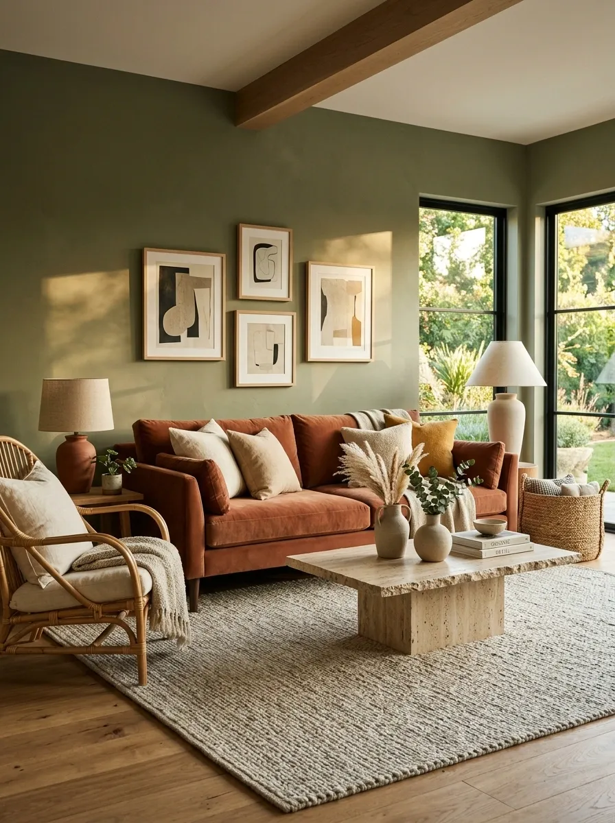 Earthy Green Living Room With Terracotta and Travertine
