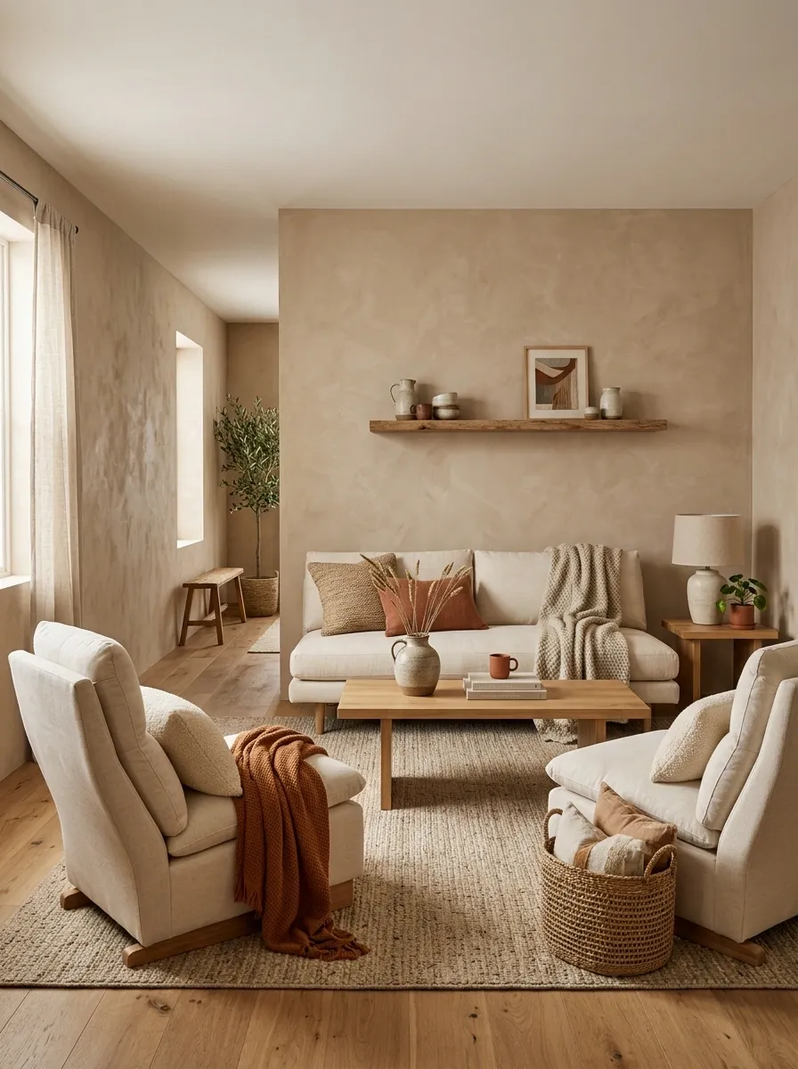 Earthy Organic Living Room With Recliners and Textured Walls